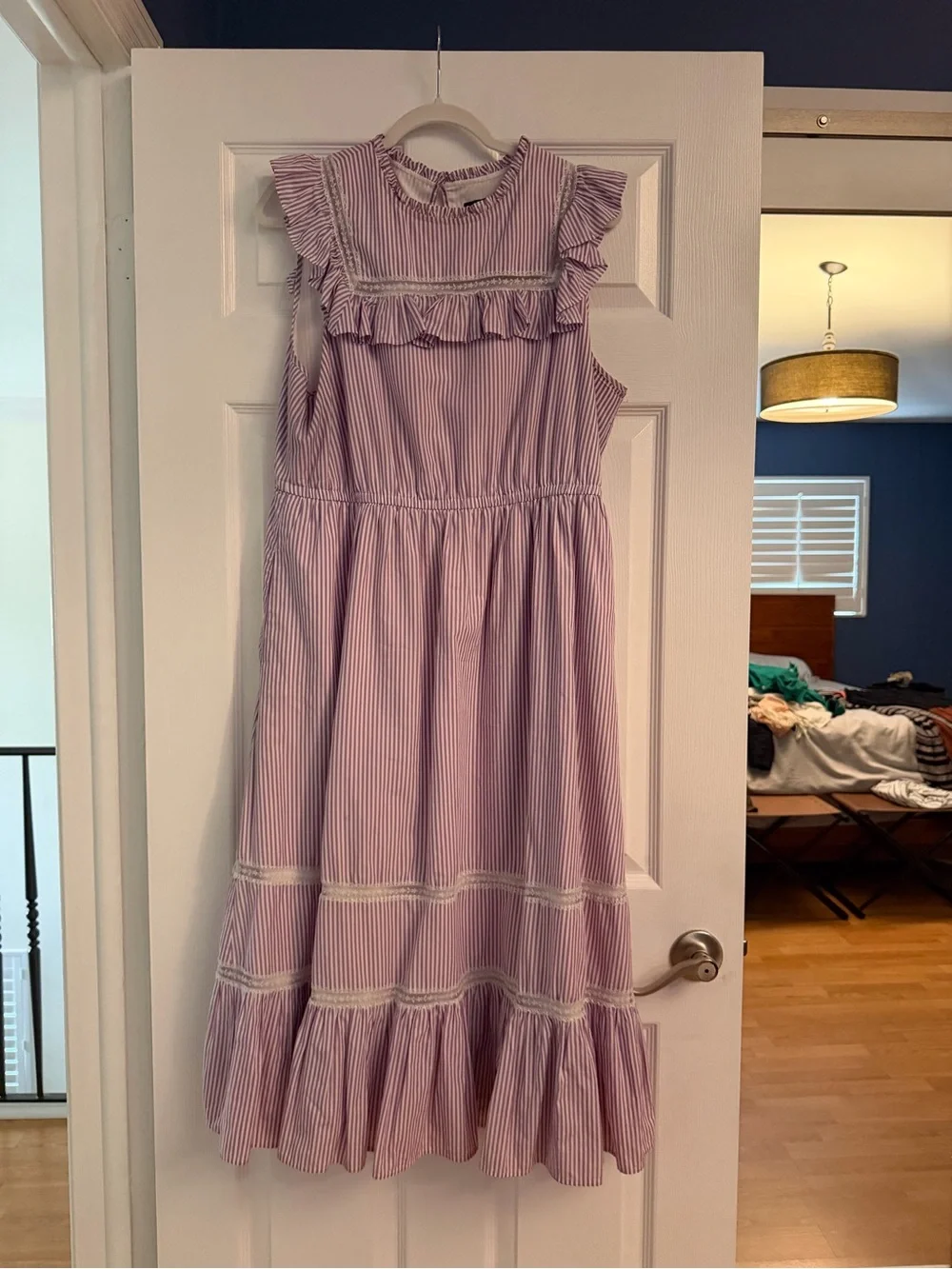 J.Crew Purple Stripe Tiered Ruffle Lace Trim Midi Dress Size Large
